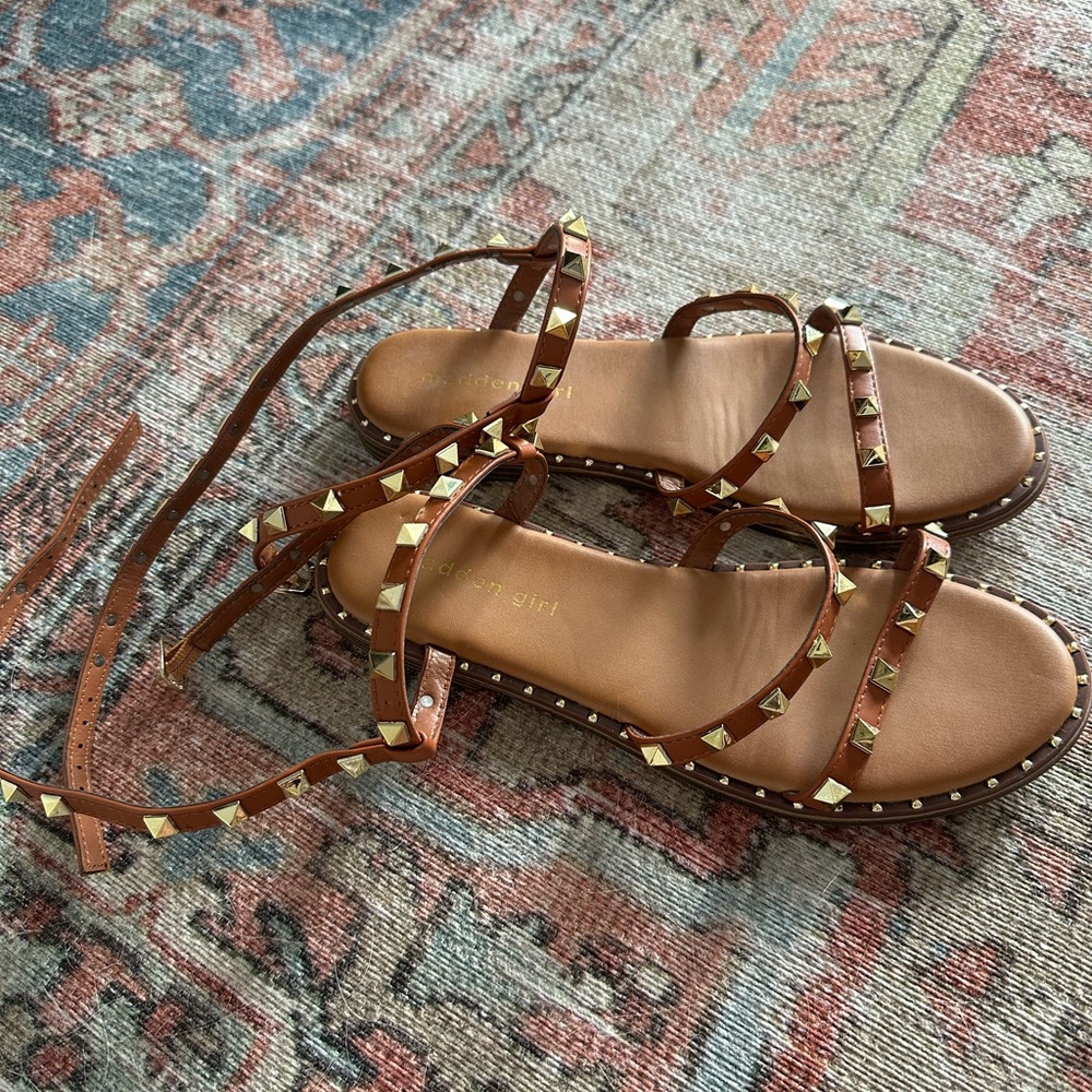 Steve Madden Madden Girl Gold Studded Cognac Brown Strappy Sandals